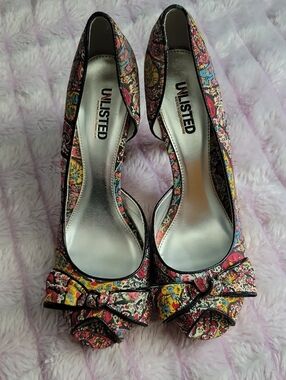 Unlisted Kenneth Cole  Y2K Paisley Cork Platform Bow Peep Toe Heels Size 10
